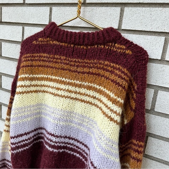 Zara Stripe Knit Sweater Balloon Sleeve Wool Alpaca Burgundy Rust Lavender Cream - Picture 8 of 11